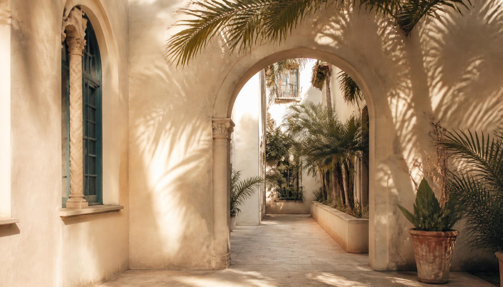 A quiet Coral Gables archway with palm shadows across warm plaster