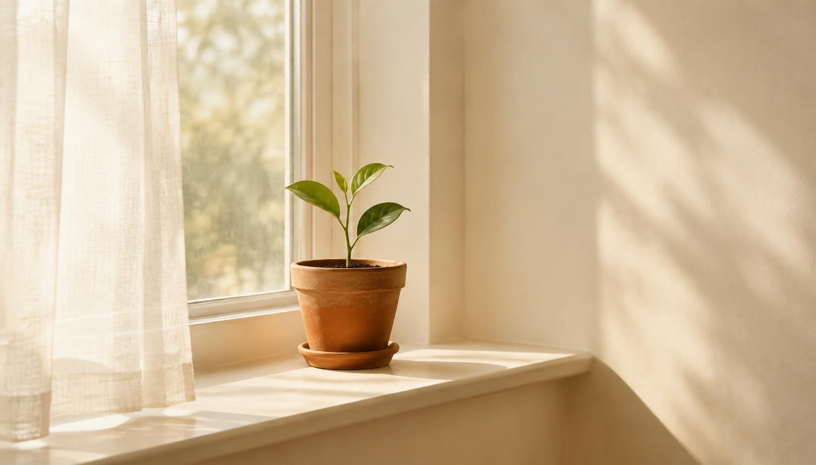 A small green seedling in a terracotta pot on a sunlit windowsill