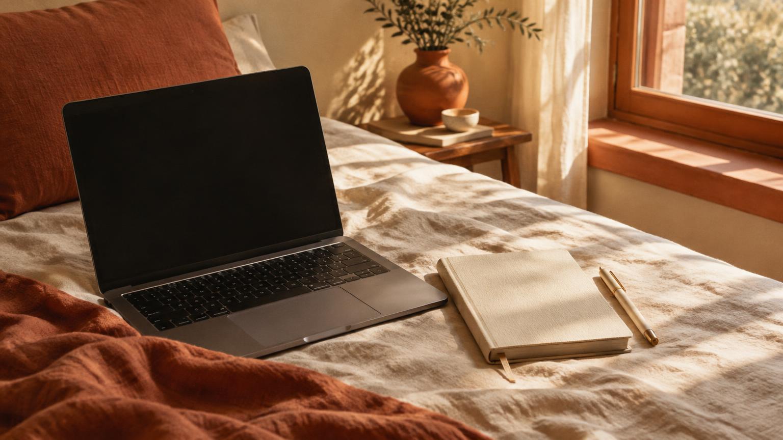 A closed-off laptop with a dark screen and a notebook on a sunlit linen bed