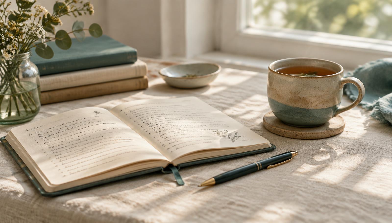 An open handwritten notebook and a cup of tea on a sunlit linen tablecloth