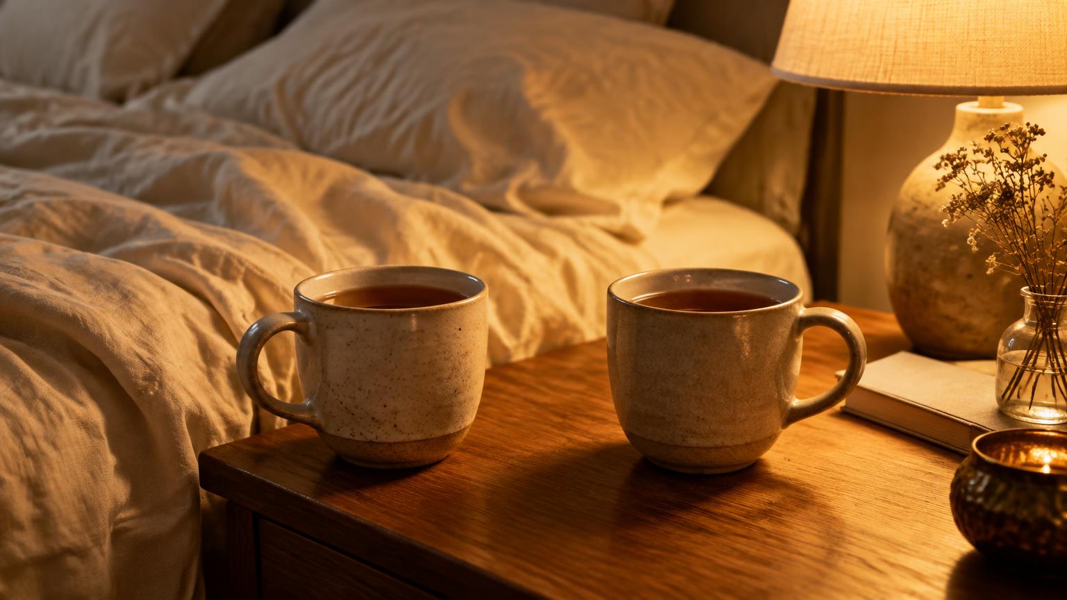 Two mugs of tea side by side on a bedside table in warm lamplight