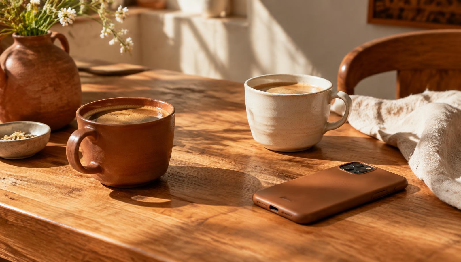 Two coffee cups on a sunlit wooden table with a phone set aside