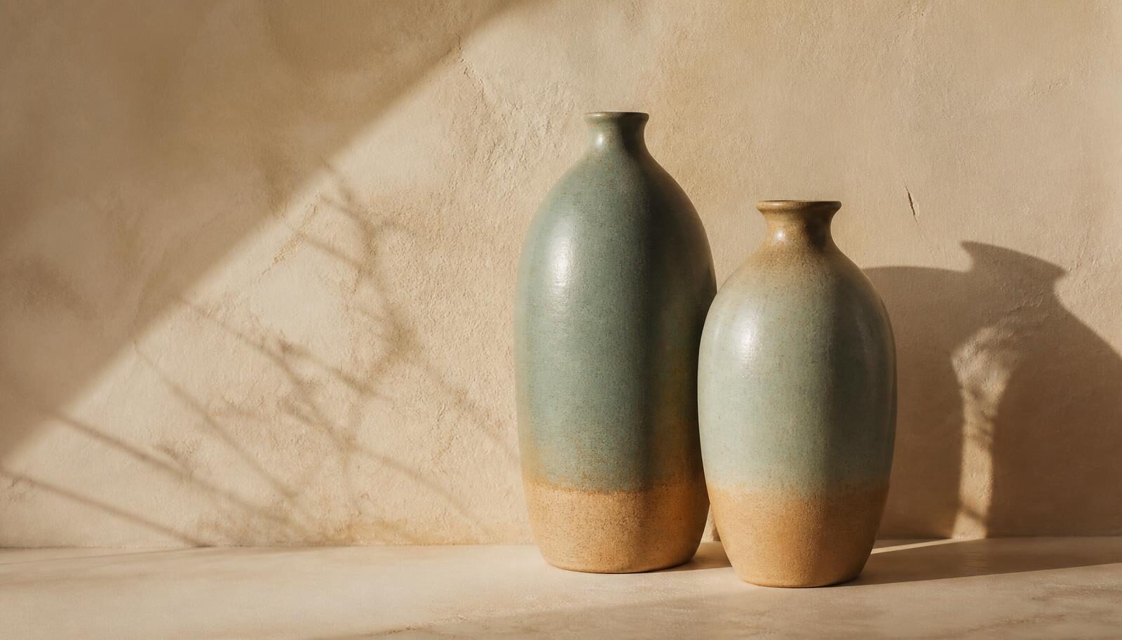 Two glazed ceramic vessels standing close together, casting overlapping shadows