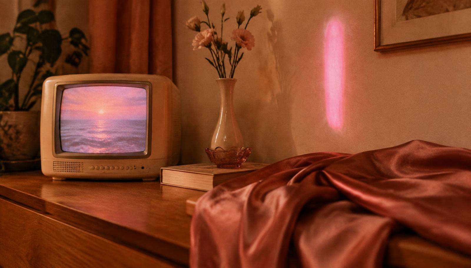 Retro interior still life — a small vintage television and dusty rose satin in warm pink light