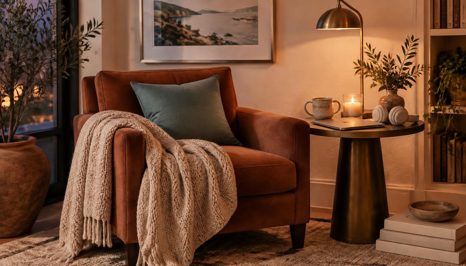 Online sex therapy from home — a rust armchair, knit throw, closed laptop and headphones in warm lamplight