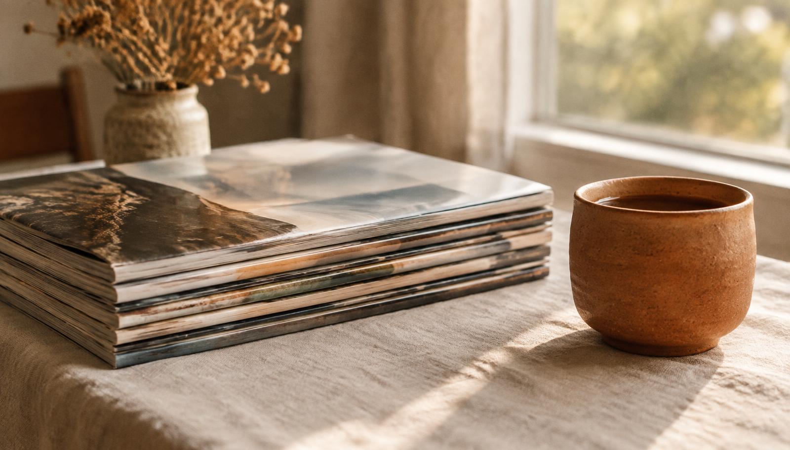 A stack of glossy magazines on cream linen beside a terracotta cup in morning light