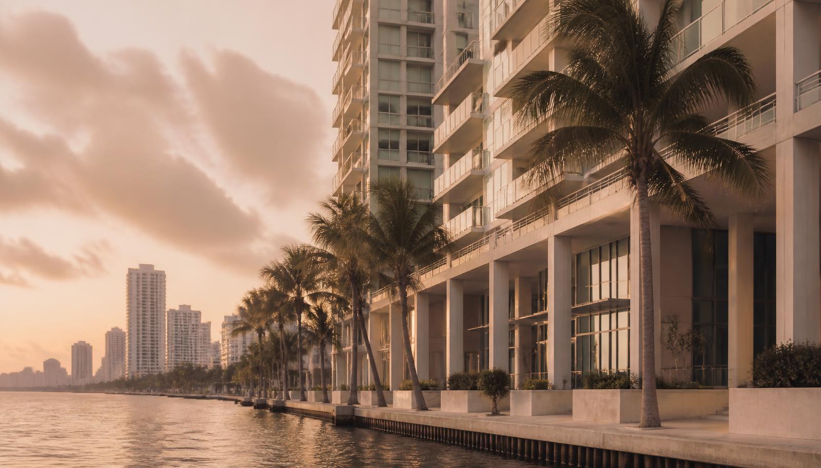Brickell waterfront in Miami at golden hour, palms along the bay