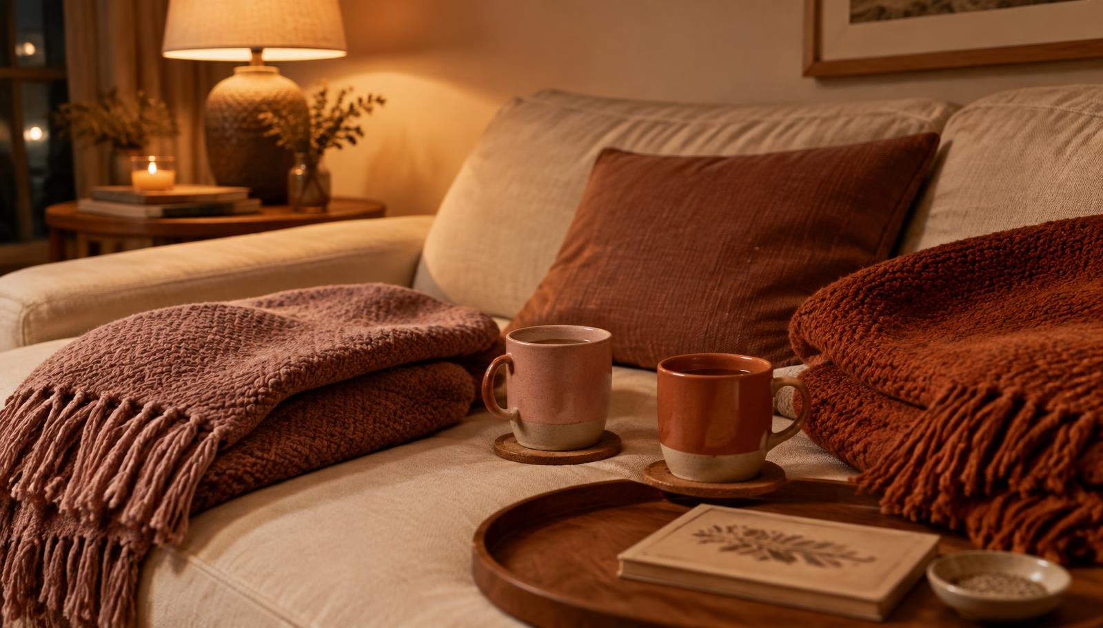 Two mugs and two knit throws on a cream sofa in warm lamplight