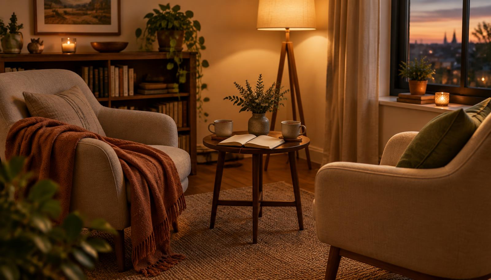 Two armchairs facing each other in lamplight, with two cups of tea and an open notebook on a side table