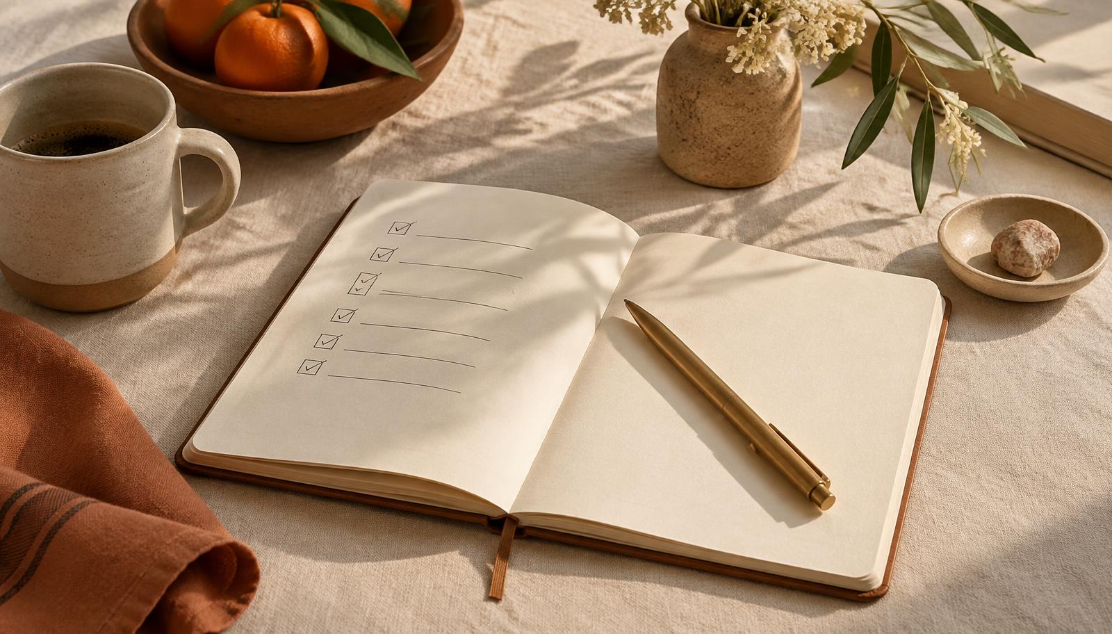 Sex therapist near me checklist — an open notebook with six ticked boxes and a brass pen on linen