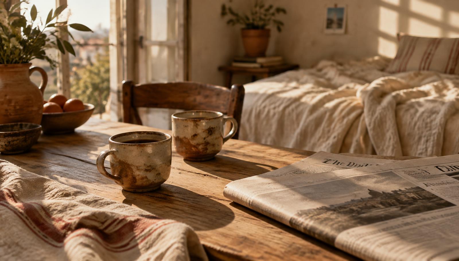 Sex after 60 — two cups of coffee and a newspaper on a sunlit wooden table beside an unmade bed of cream linen