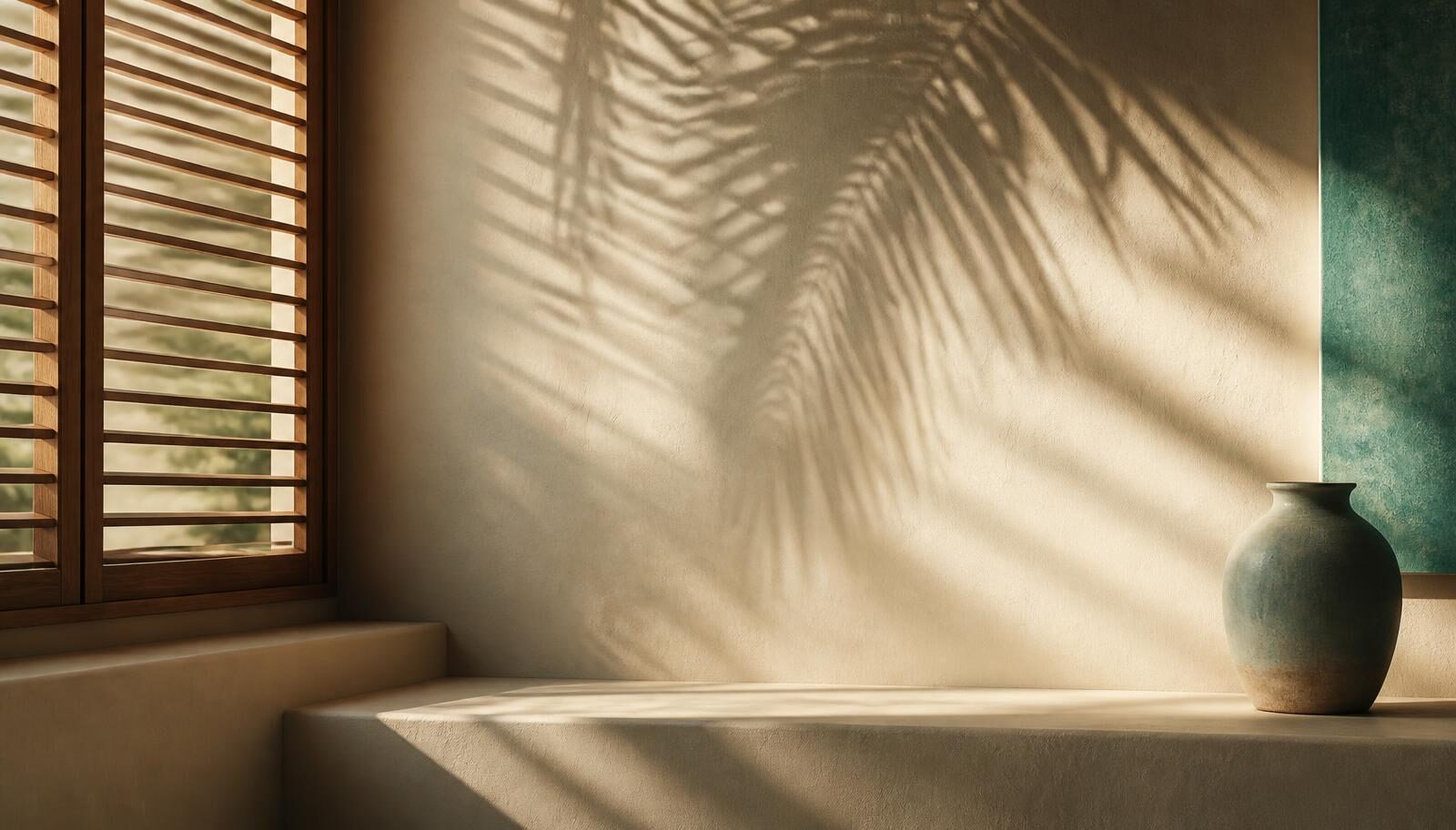 Warm morning light through wooden shutters on a pale plaster wall
