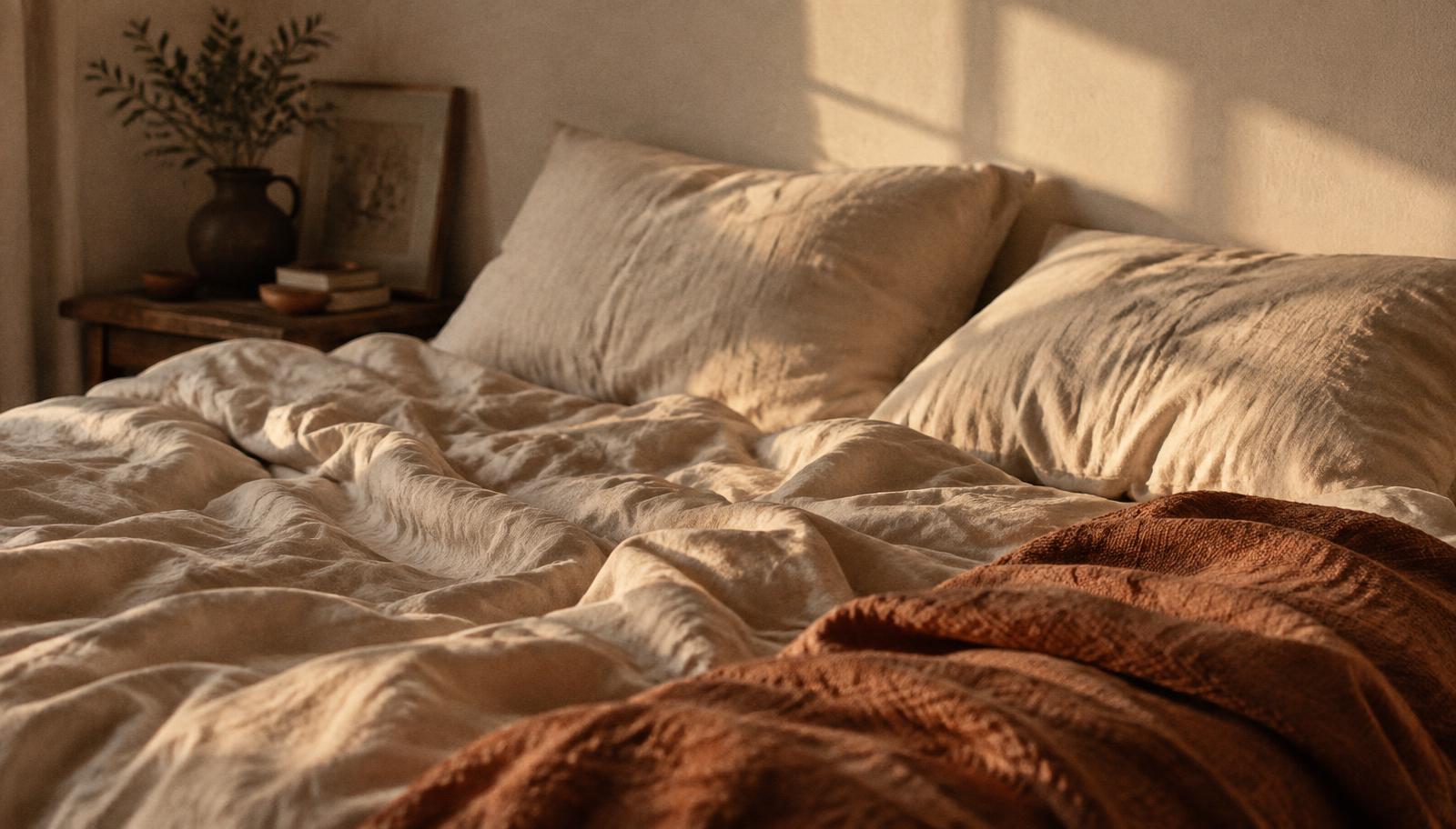 Intimacy after menopause — rumpled cream linen sheets and a terracotta throw in soft late-afternoon light