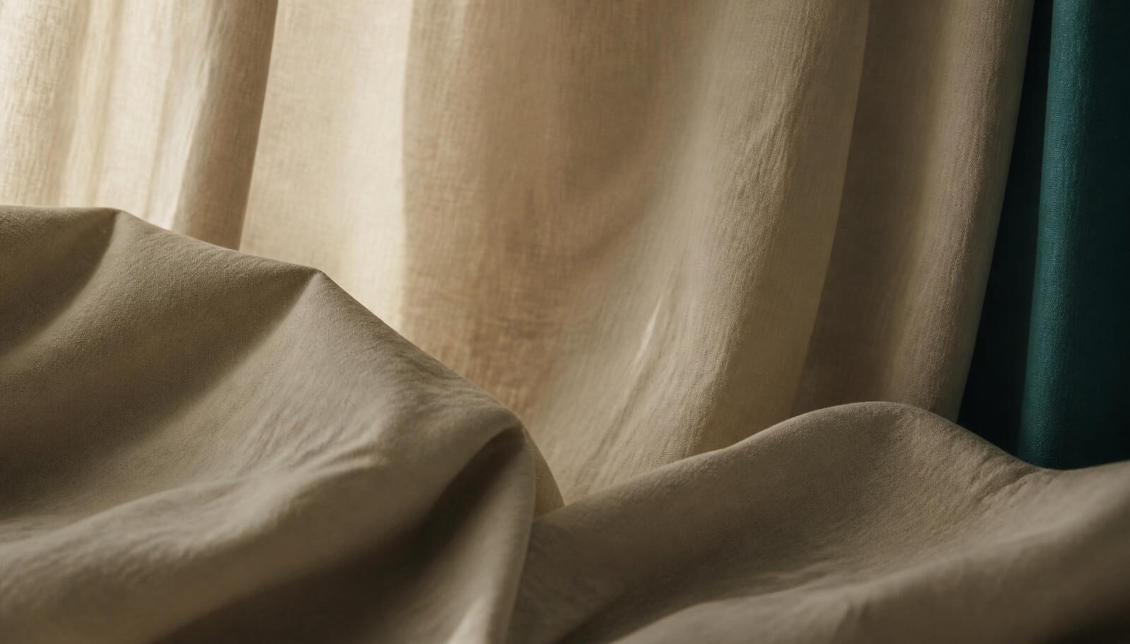 Soft folds of warm cream linen in low raking light