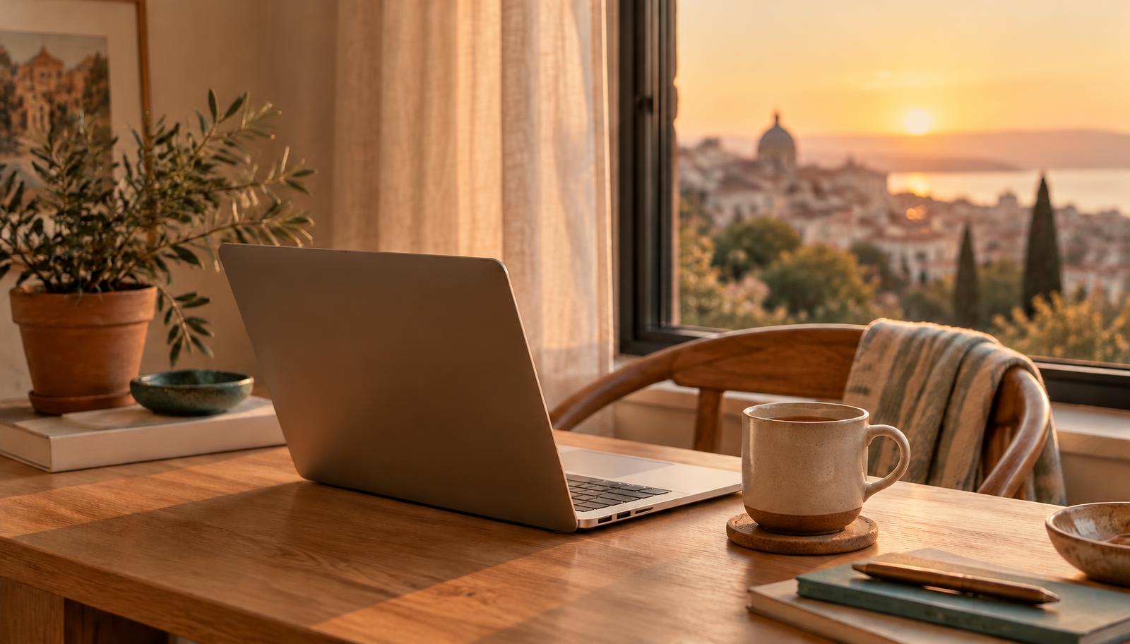 Sex therapist near me — a laptop, tea and an olive plant on a sunlit desk by a window