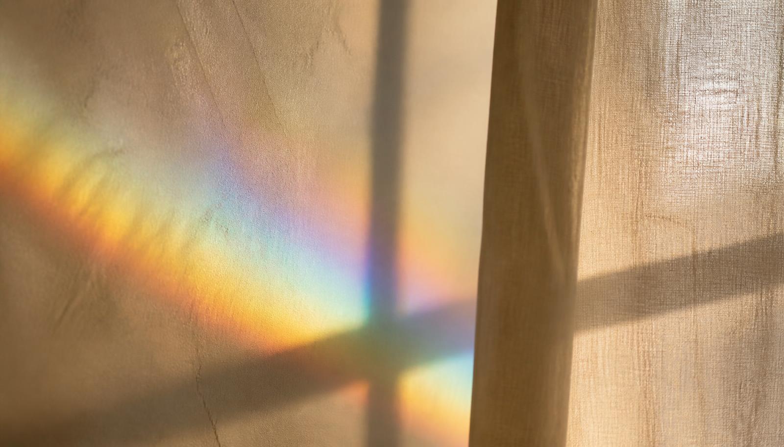 Prismatic daylight scattering across a warm plaster wall and linen curtain