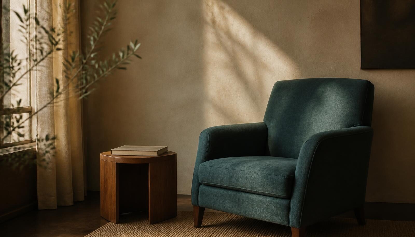 A single teal armchair beside a small wooden table in soft daylight