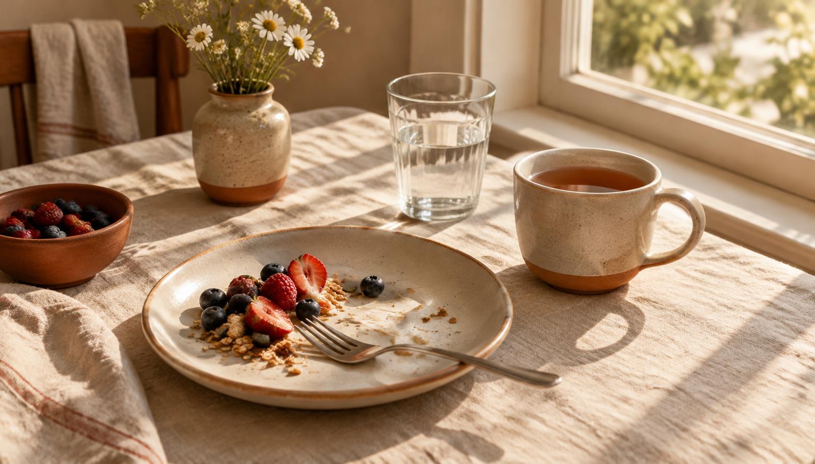 A half-finished breakfast plate with berries, a glass of water and a cup of tea on a sunlit linen table